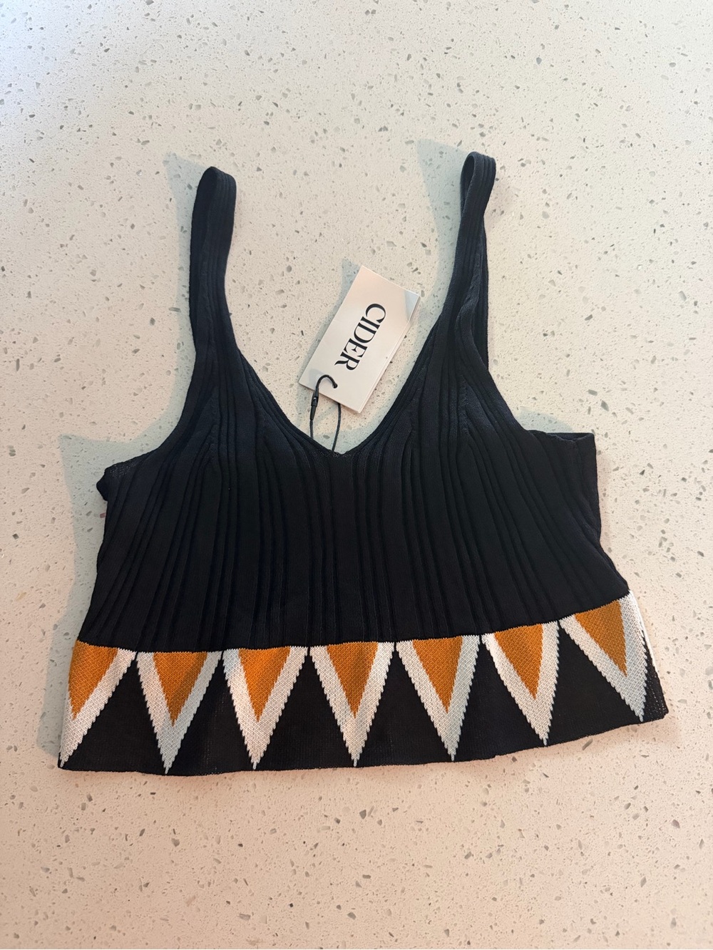 Cider Black Ribbed Crop Tank with White and Mustard Triangle Hem